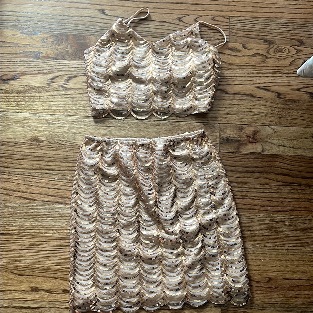 Elegant Rose Gold Sequin Skirt Set